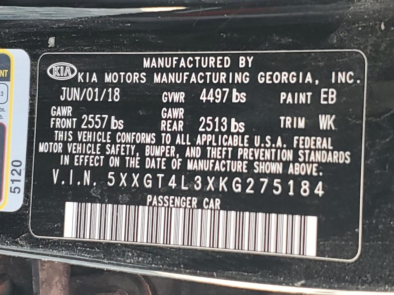 2019 KIA Optima VIN 5XXGT4L3XKG275184 Copart auction photo, all over damage thumbnail 13