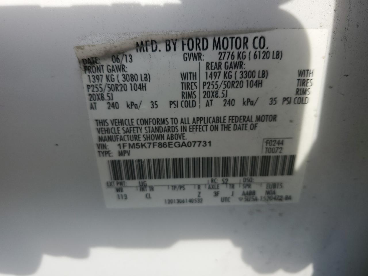 2014 Ford Explorer VIN 1FM5K7F86EGA07731 Copart auction photo, minor dent/scratches damage thumbnail 12