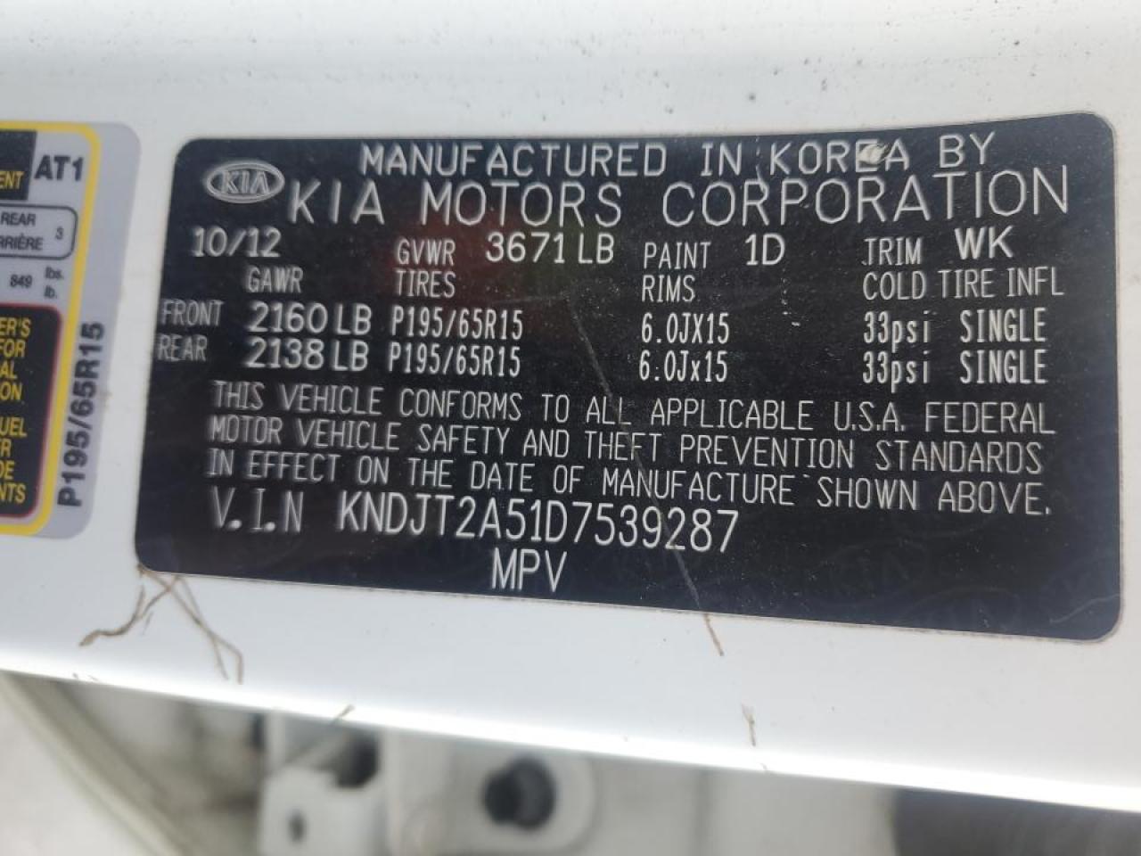 2013 KIA Soul VIN KNDJT2A51D7539287 Copart auction photo, front end / side damage thumbnail 13