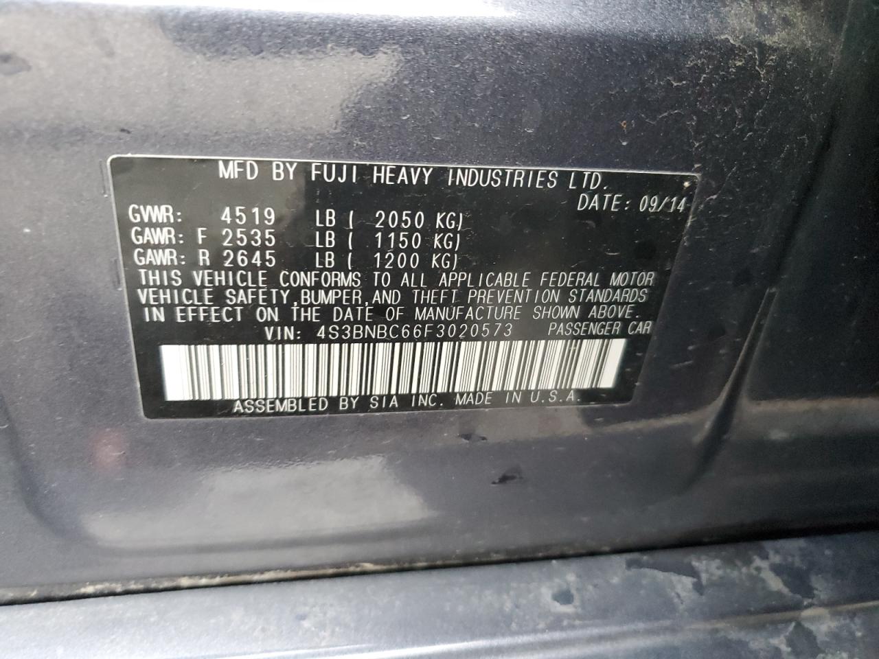2015 Subaru Legacy VIN 4S3BNBC66F3020573 Copart auction photo, front end / hail damage thumbnail 12