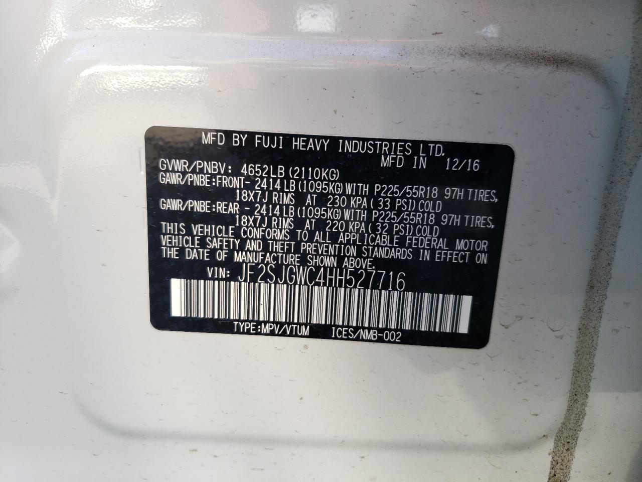 2017 Subaru Forester VIN JF2SJGWC4HH527716 Copart auction photo, front end damage thumbnail 14