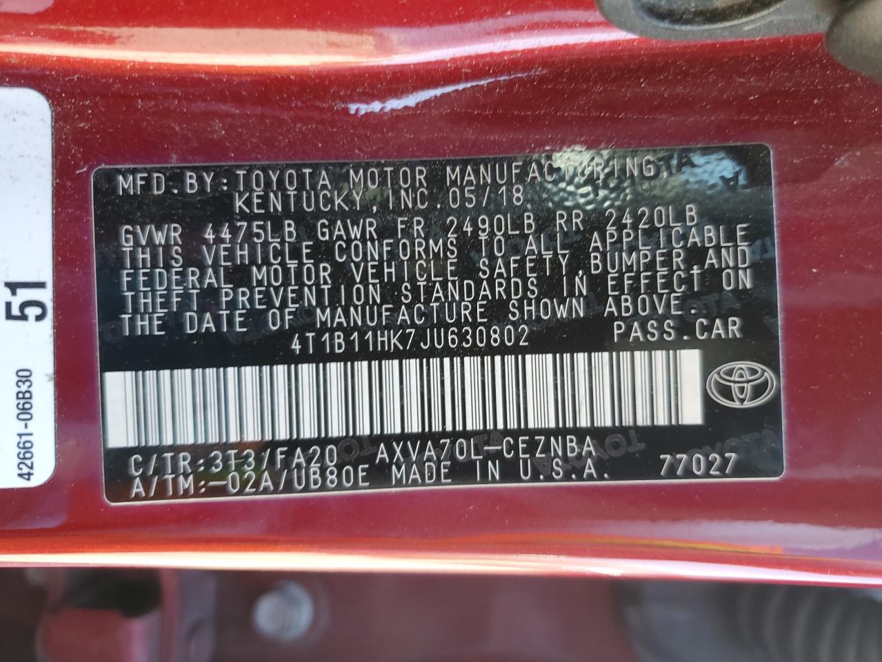 2018 Toyota Camry VIN 4T1B11HK7JU630802 Copart auction photo, side / rear end damage thumbnail 14