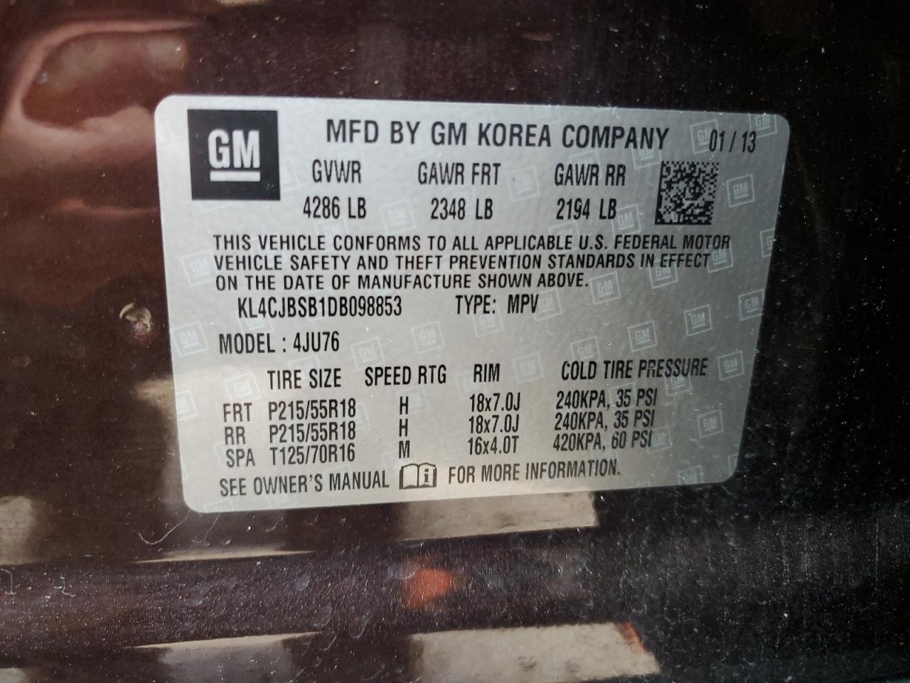 2013 Buick Encore VIN KL4CJBSB1DB098853 Copart auction photo, front end damage thumbnail 13