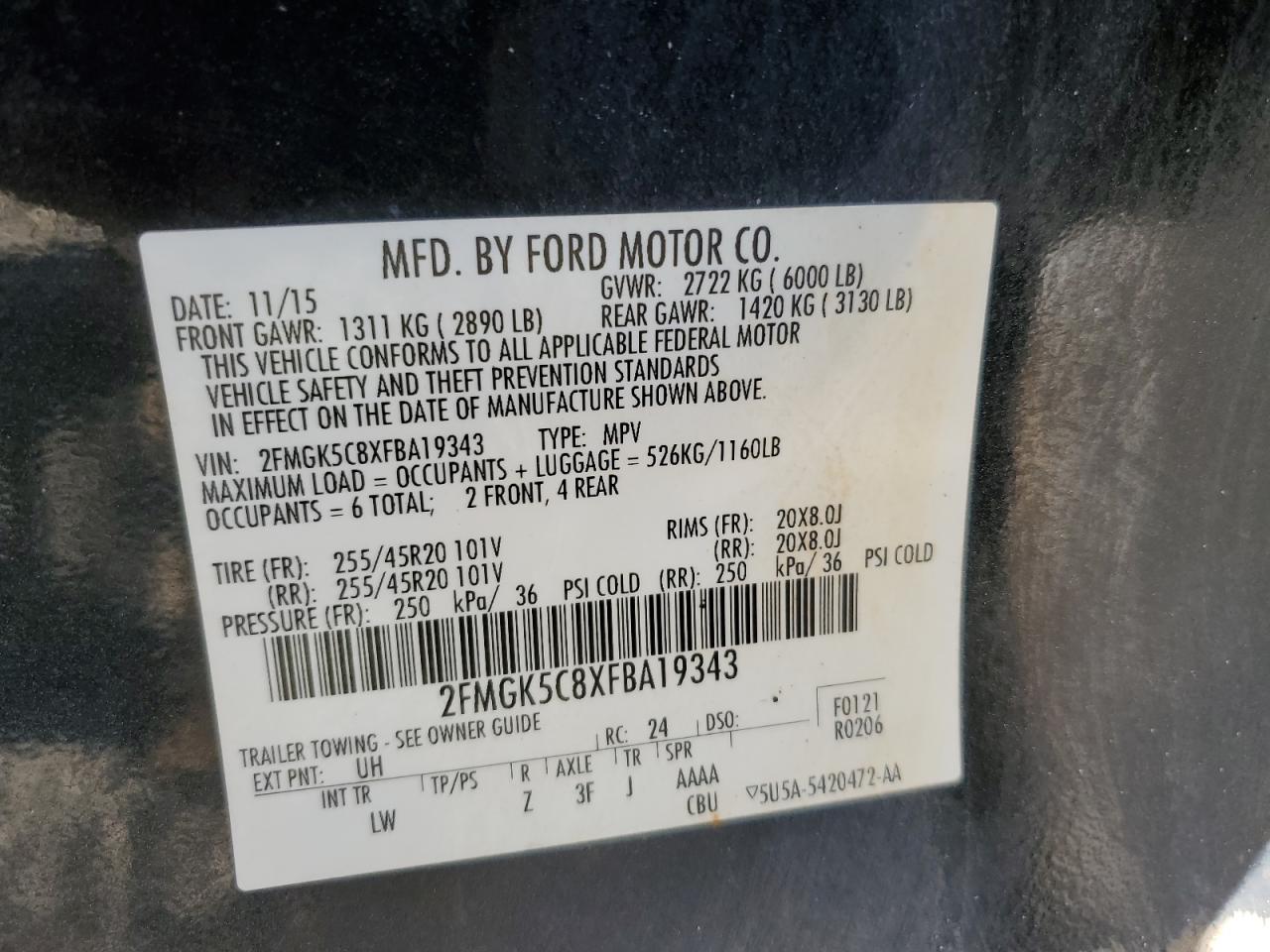 2015 Ford Flex VIN 2FMGK5C8XFBA19343 Copart auction photo, all over / water/flood damage thumbnail 14