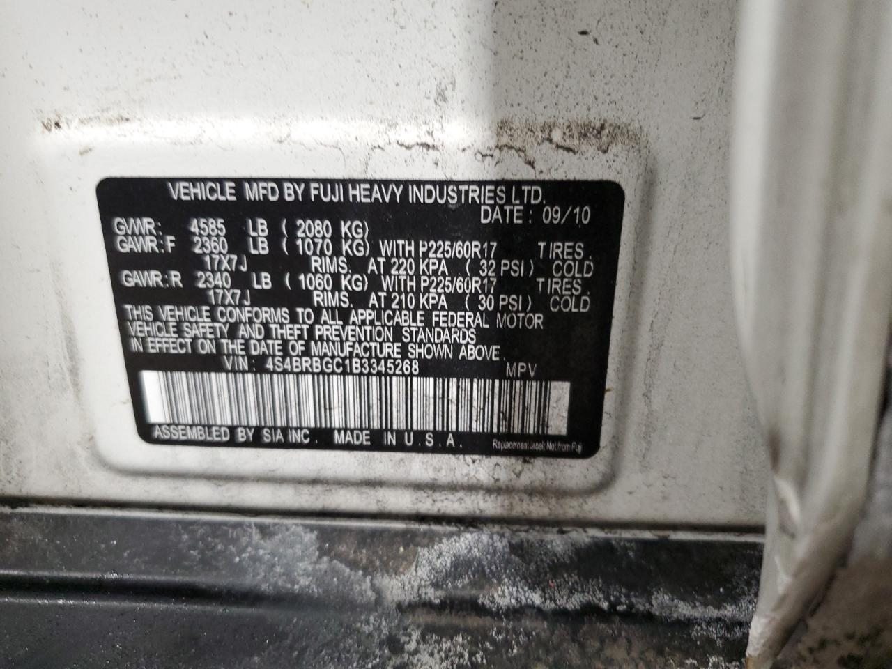 2011 Subaru Outback VIN 4S4BRBGC1B3345268 Copart auction photo, side / front end damage thumbnail 14
