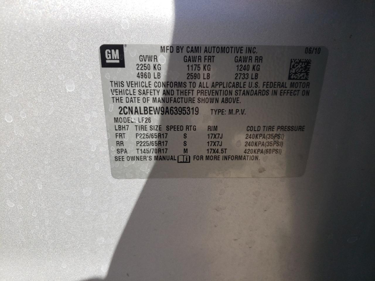 2010 Chevrolet Equinox VIN 2CNALBEW9A6395319 Copart auction photo, front end / side damage thumbnail 15