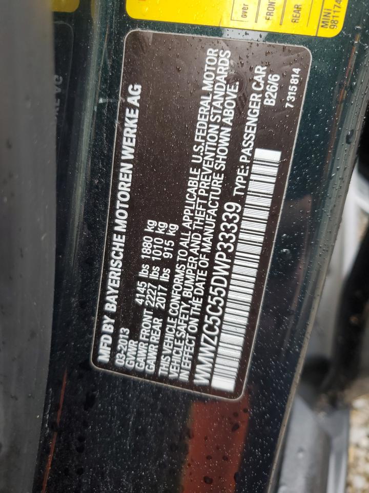 2013 MINI Cooper VIN WMWZC5C55DWP33339 Copart auction photo, front end / minor dent/scratches damage thumbnail 12