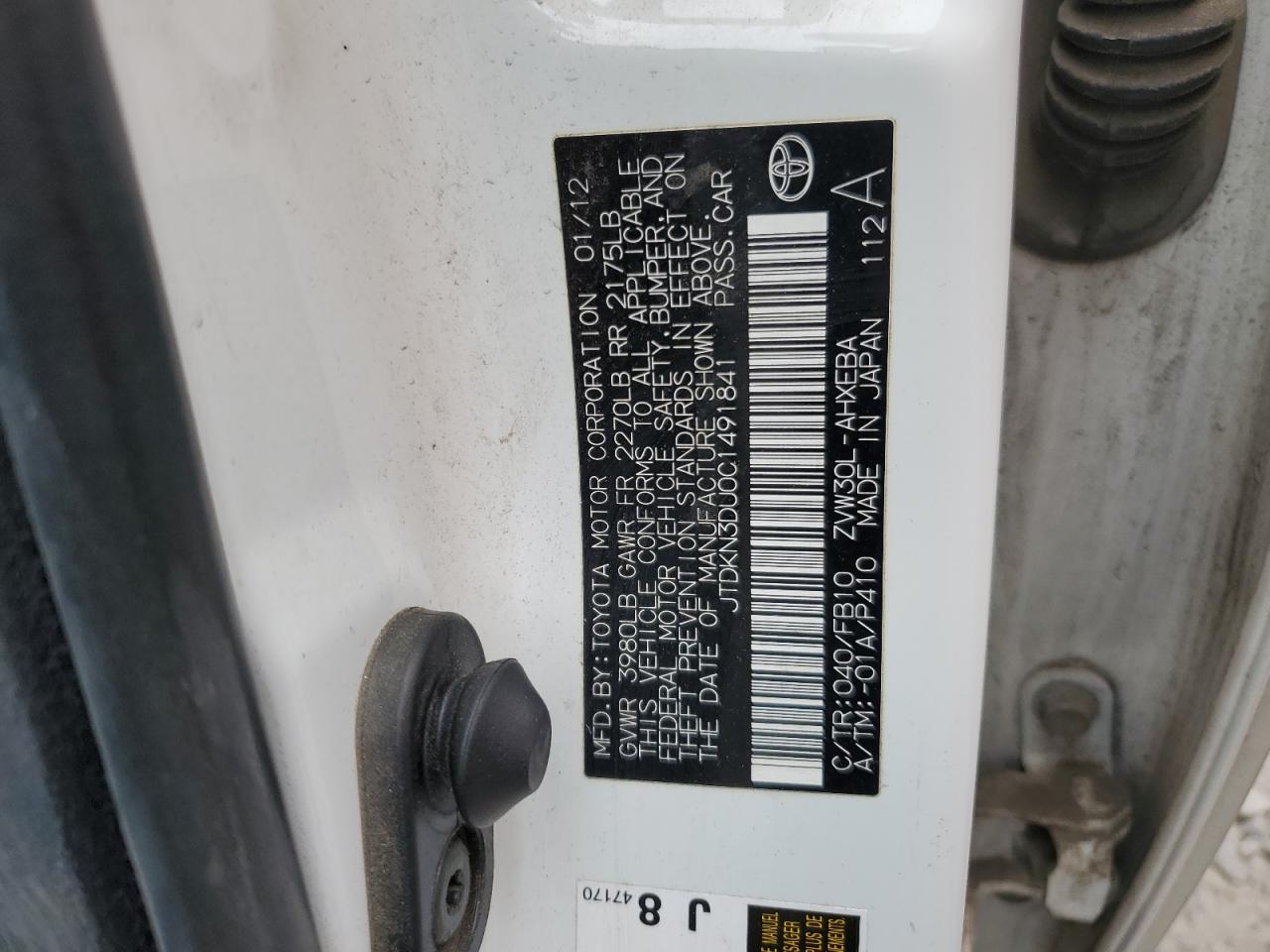 2012 Toyota Prius VIN JTDKN3DU0C1491841 Copart auction photo, all over damage thumbnail 12