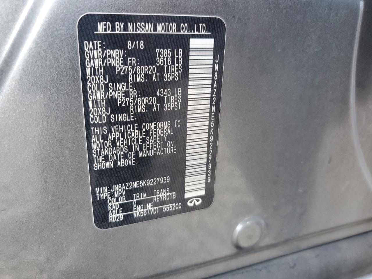 2019 Infiniti QX80 VIN JN8AZ2NE5K9227939 Copart auction photo, front end / minor dent/scratches damage thumbnail 13