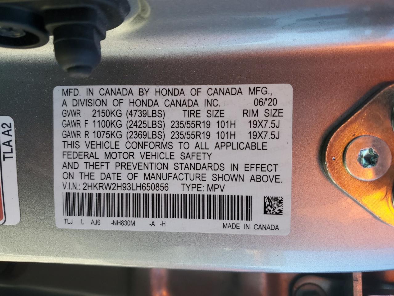 2020 Honda CR-V VIN 2HKRW2H93LH650856 Copart auction photo, front end damage thumbnail 13