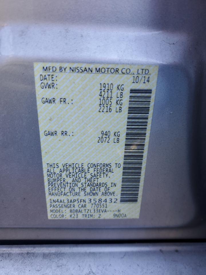 2015 Nissan Altima VIN 1N4AL3AP5FN358432 Copart auction photo, front end damage thumbnail 12