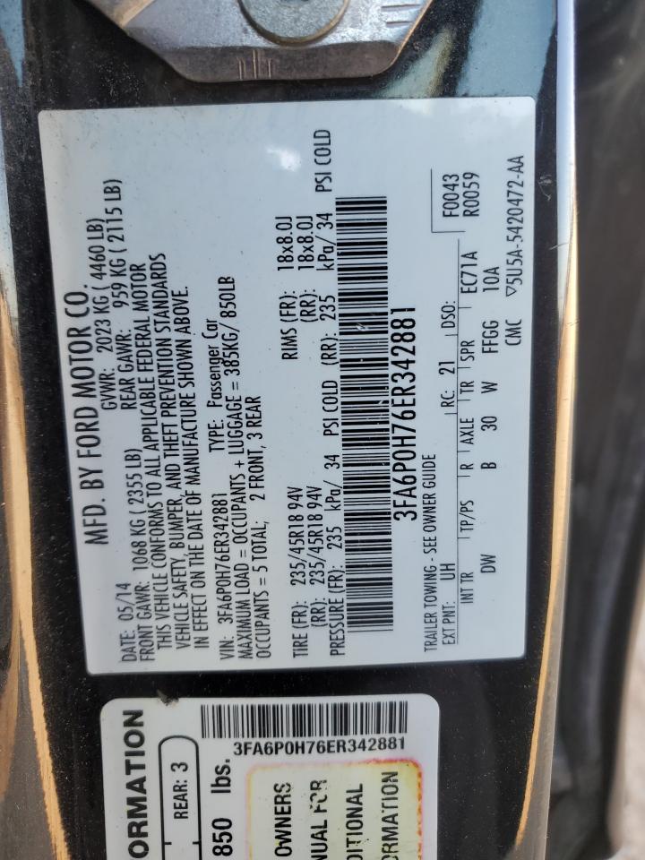 2014 Ford Fusion VIN 3FA6P0H76ER342881 Copart auction photo, front end damage thumbnail 12