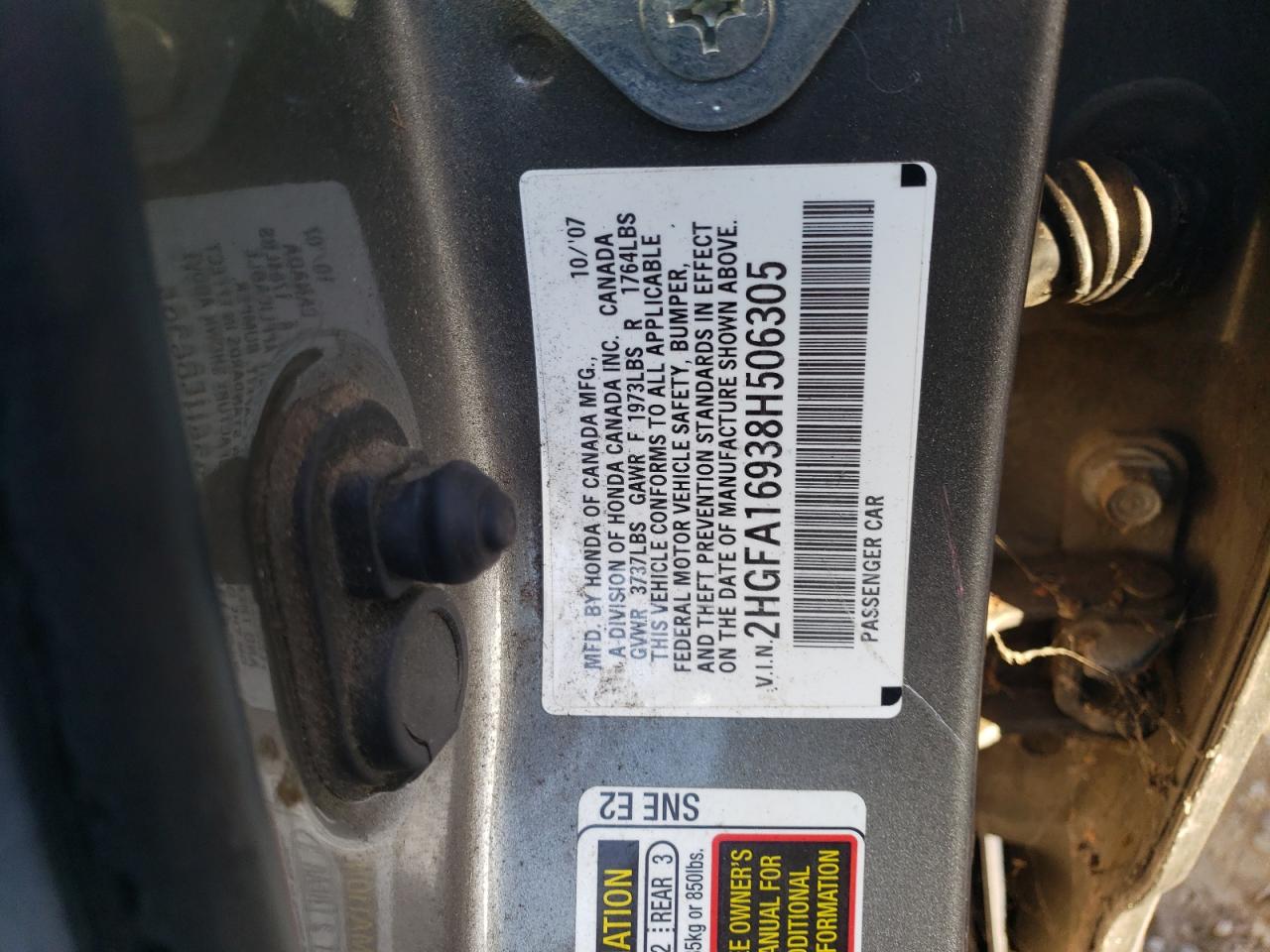 2008 Honda Civic VIN 2HGFA16938H506305 Copart auction photo, rear end damage thumbnail 12