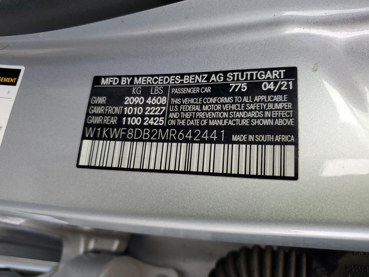 2021 Mercedes-Benz C-klasse VIN W1KWF8DB2MR642441 Copart auction photo, front end damage thumbnail 13