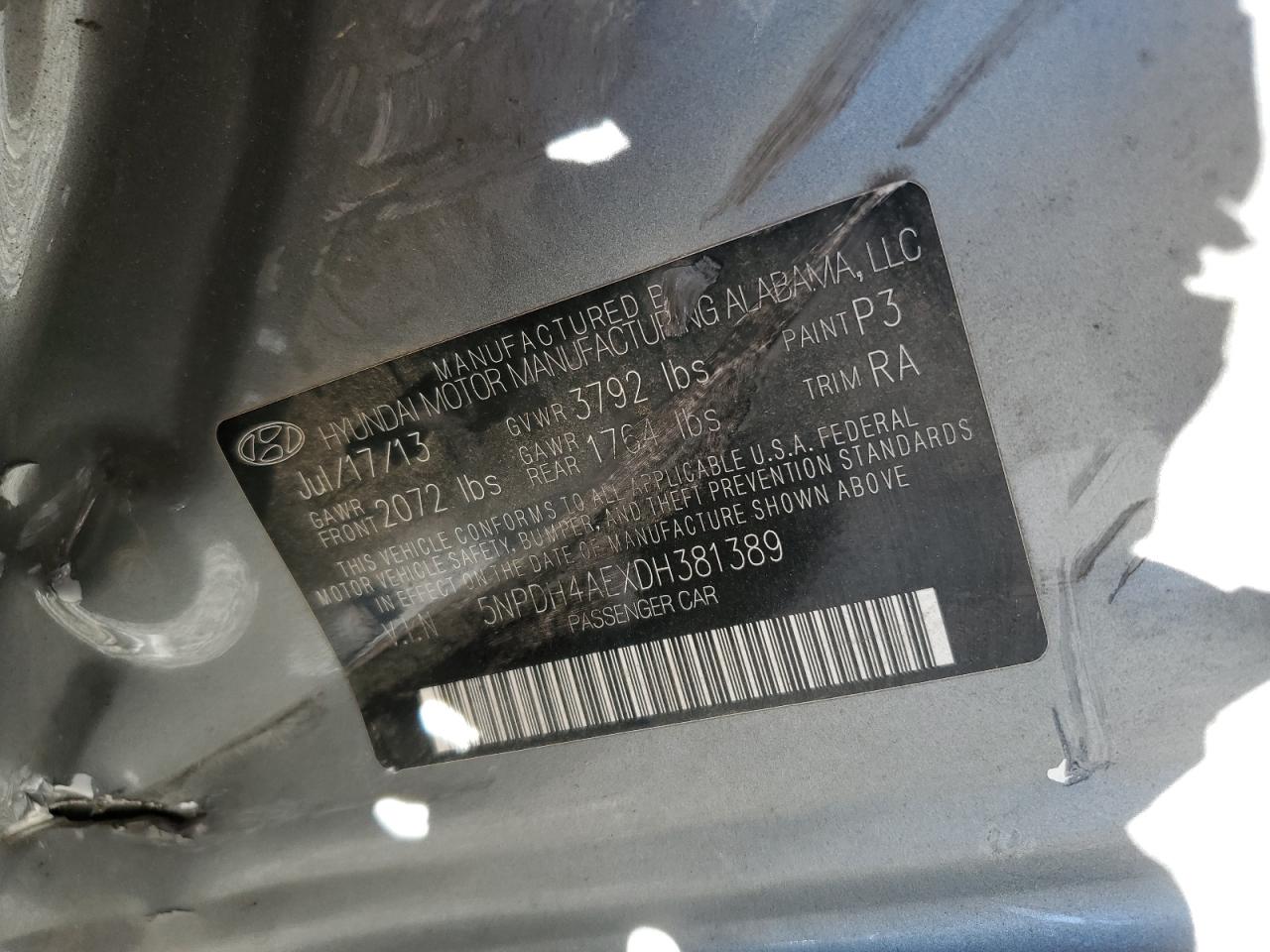 2013 Hyundai Elantra VIN 5NPDH4AEXDH381389 Copart auction photo, all over damage thumbnail 10