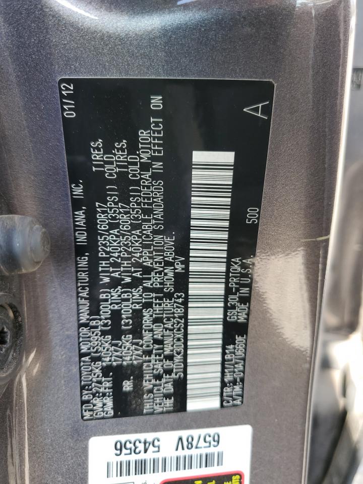 2012 Toyota Sienna VIN 5TDYK3DCXCS218743 Copart auction photo, side / rear end damage thumbnail 13