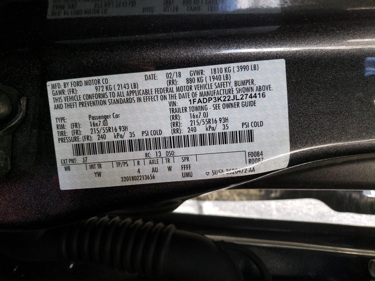 2018 Ford Focus VIN 1FADP3K22JL274416 Copart auction photo, front end damage thumbnail 14