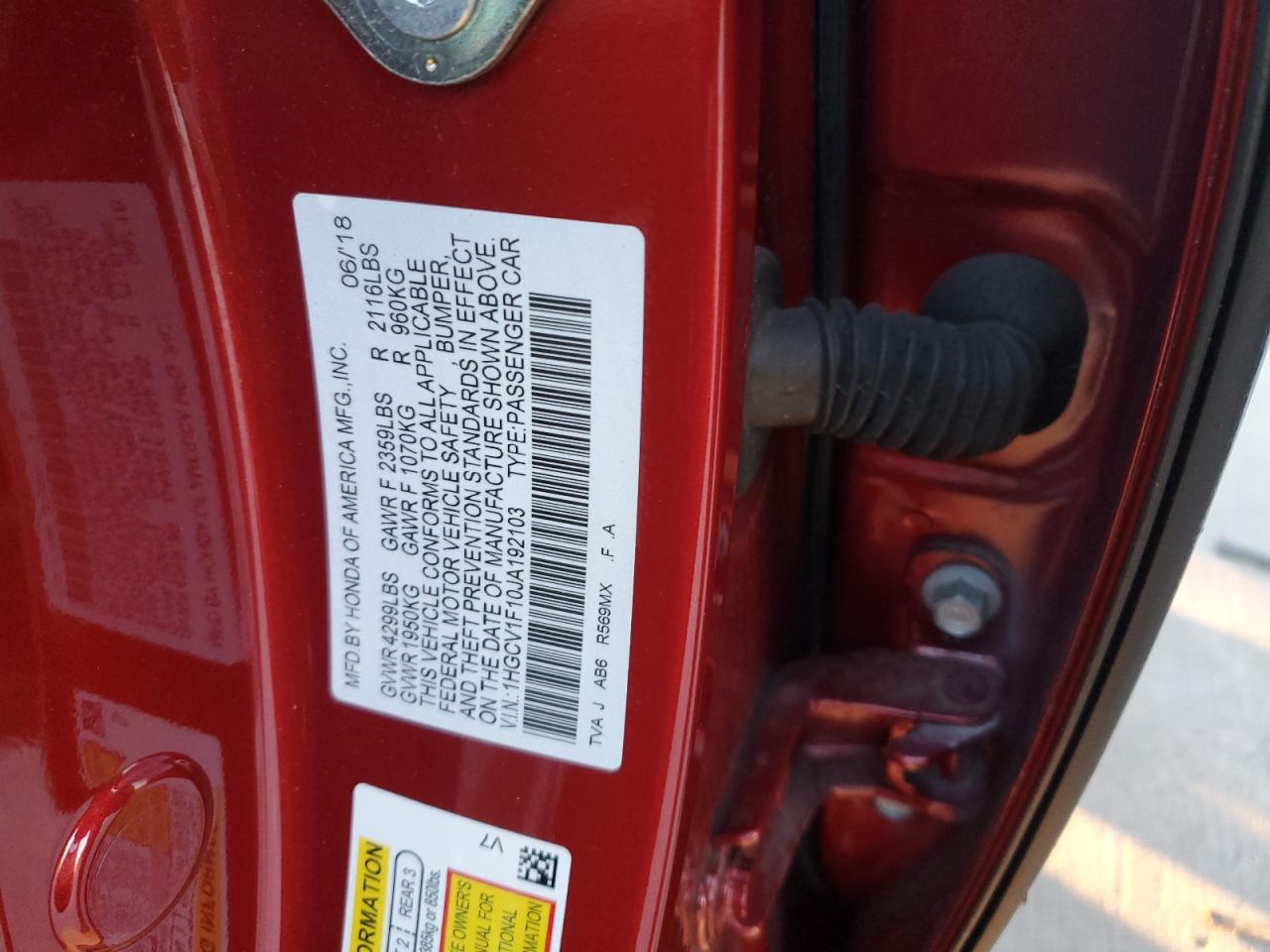 2018 Honda Accord VIN 1HGCV1F10JA192103 Copart auction photo, front end damage thumbnail 15
