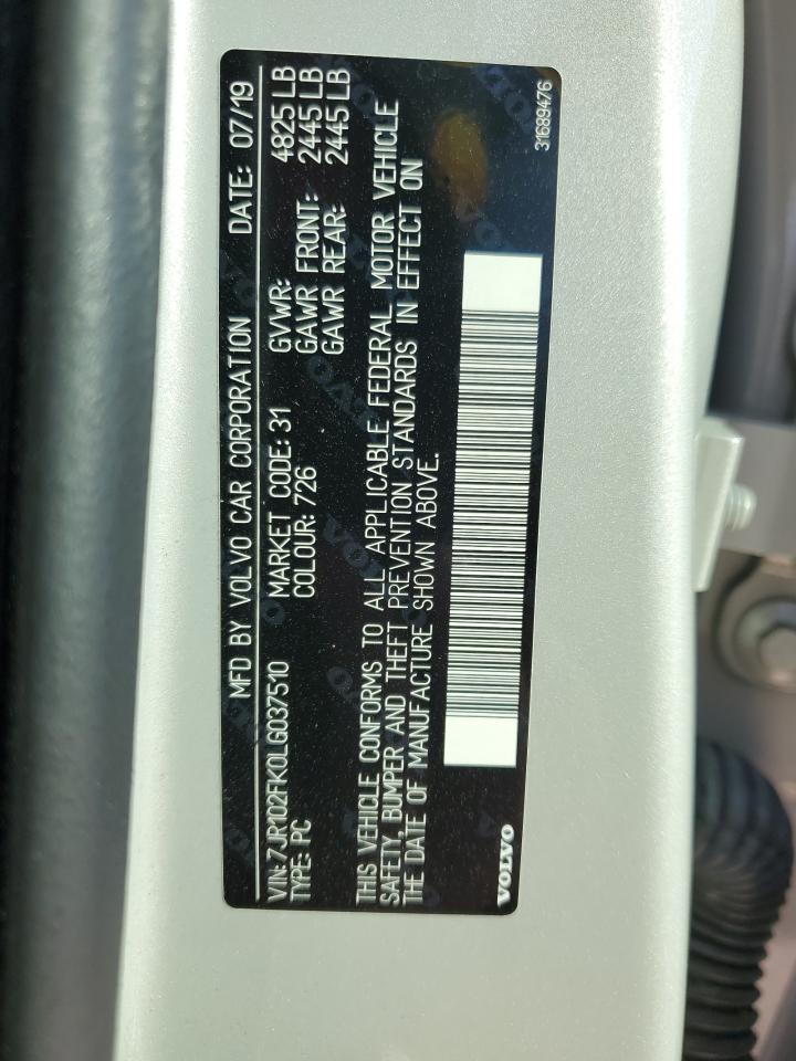 2020 Volvo S60 VIN 7JR102FK0LG037510 Copart auction photo, all over damage thumbnail 12