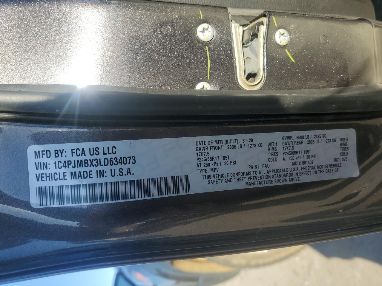 2020 Jeep Cherokee VIN 1C4PJMBX3LD634073 Copart auction photo, rear end / undercarriage damage thumbnail 13