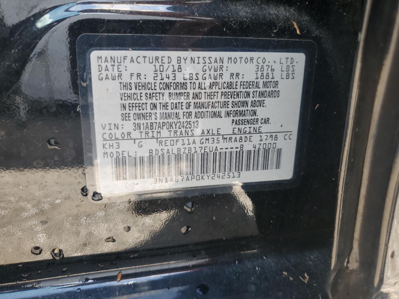 2019 Nissan Sentra VIN 3N1AB7AP0KY242513 Copart auction photo, water/flood damage thumbnail 14