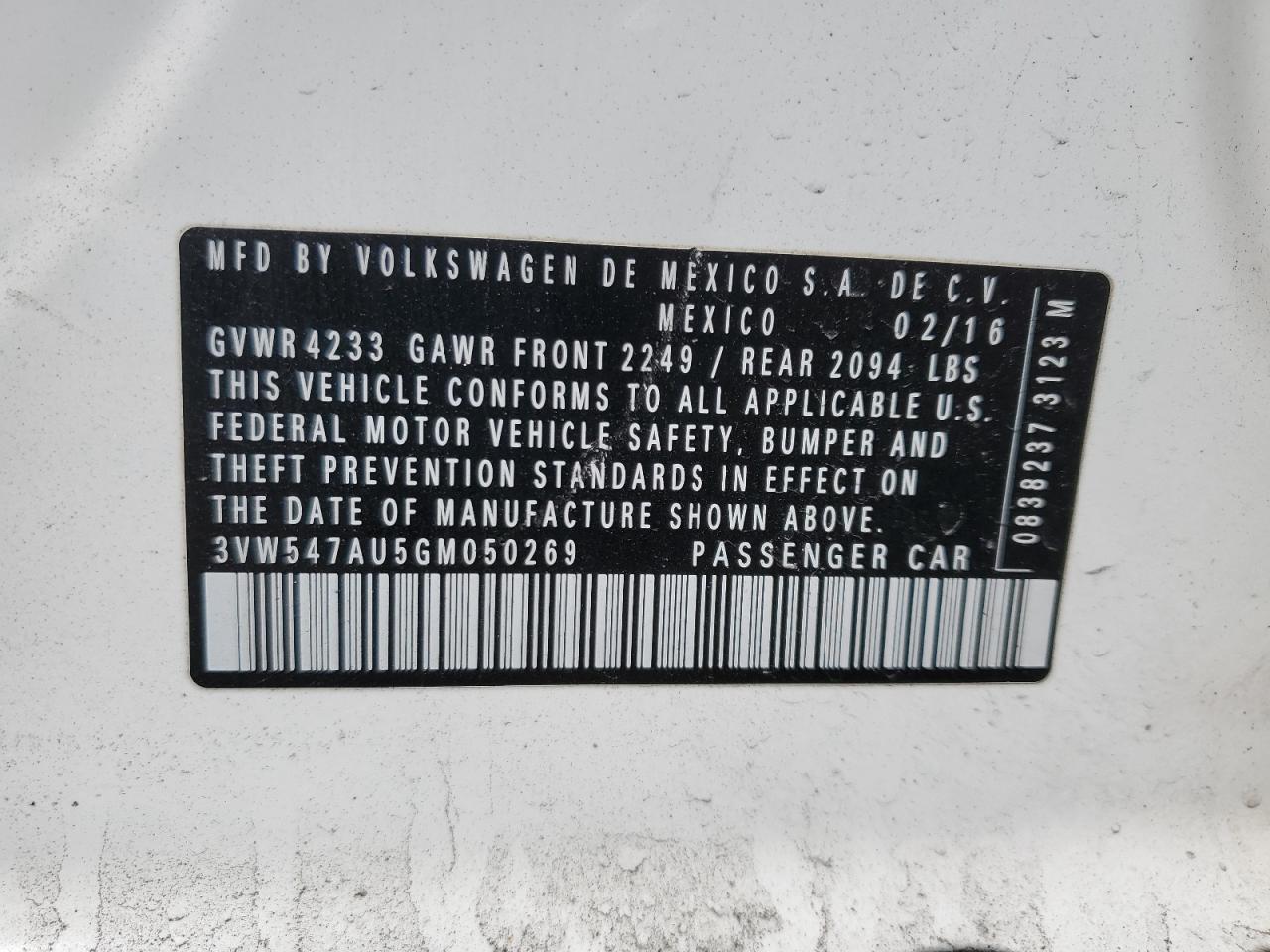 2016 Volkswagen GTI VIN 3VW547AU5GM050269 Copart auction photo, rear end / front end damage thumbnail 12