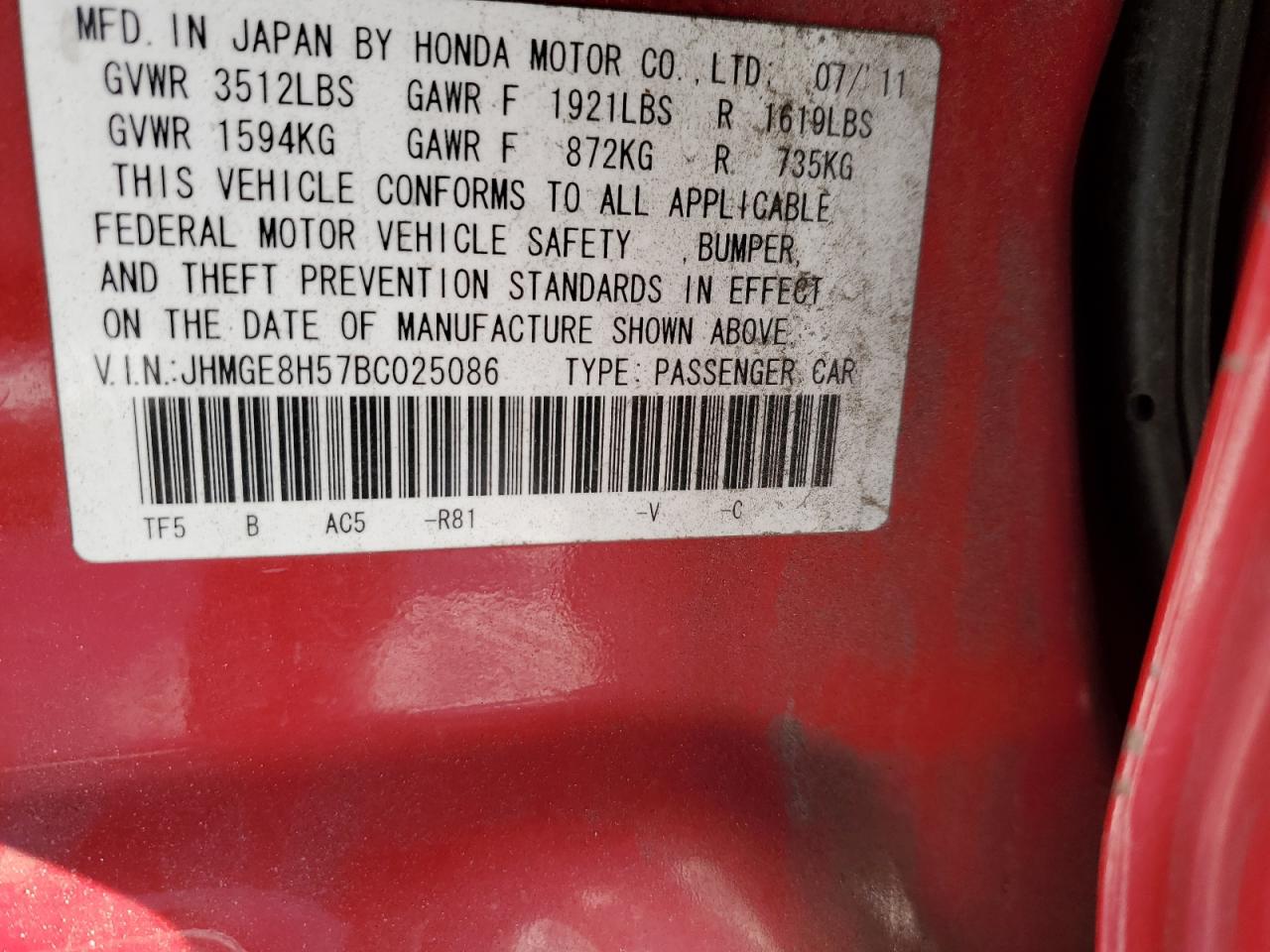 2011 Honda Fit VIN JHMGE8H57BC025086 Copart auction photo, front end damage thumbnail 12