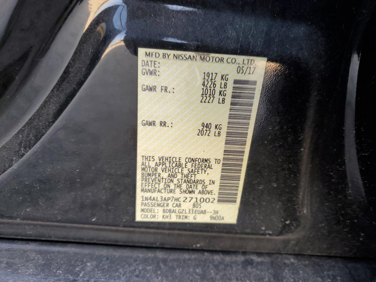 2017 Nissan Altima VIN 1N4AL3AP7HC271002 Copart auction photo, rear end / undercarriage damage thumbnail 12