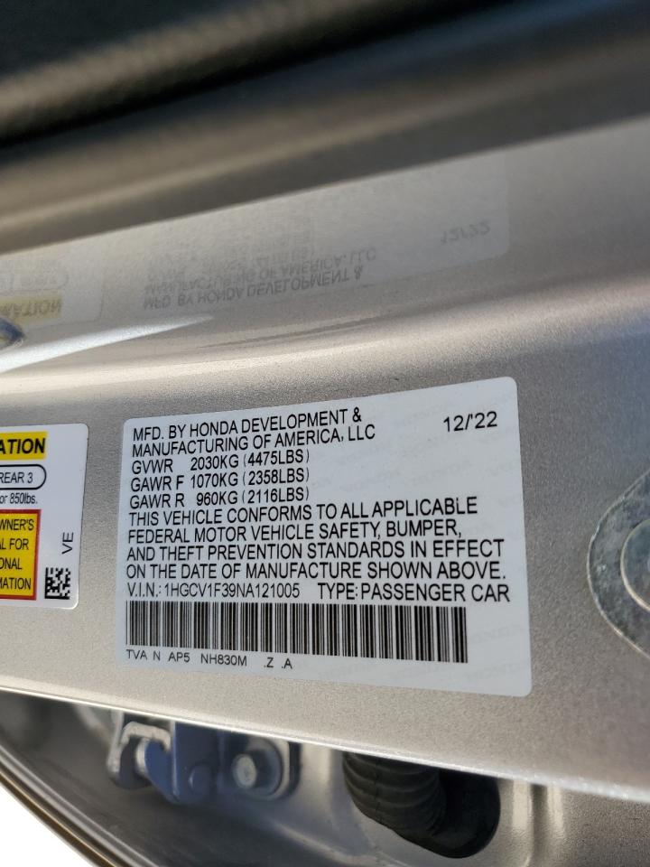 2022 Honda Accord VIN 1HGCV1F39NA121005 Copart auction photo, rear end damage thumbnail 12