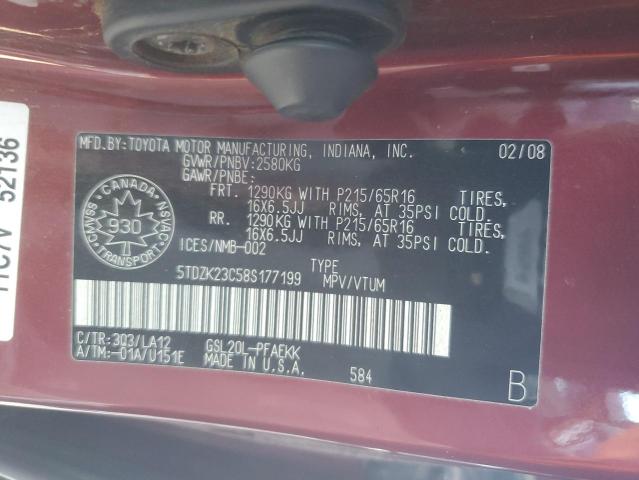 2008 Toyota Sienna VIN 5TDZK23C58S177199 Copart auction photo, mechanical / top/roof damage thumbnail 13