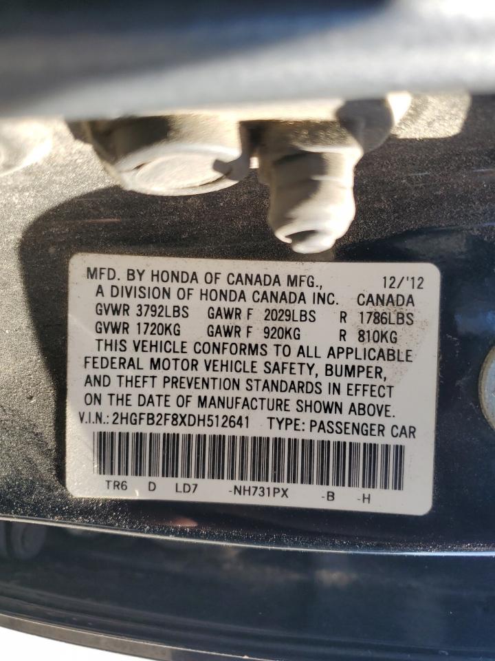 2013 Honda Civic VIN 2HGFB2F8XDH512641 Copart auction photo, front end / undercarriage damage thumbnail 12