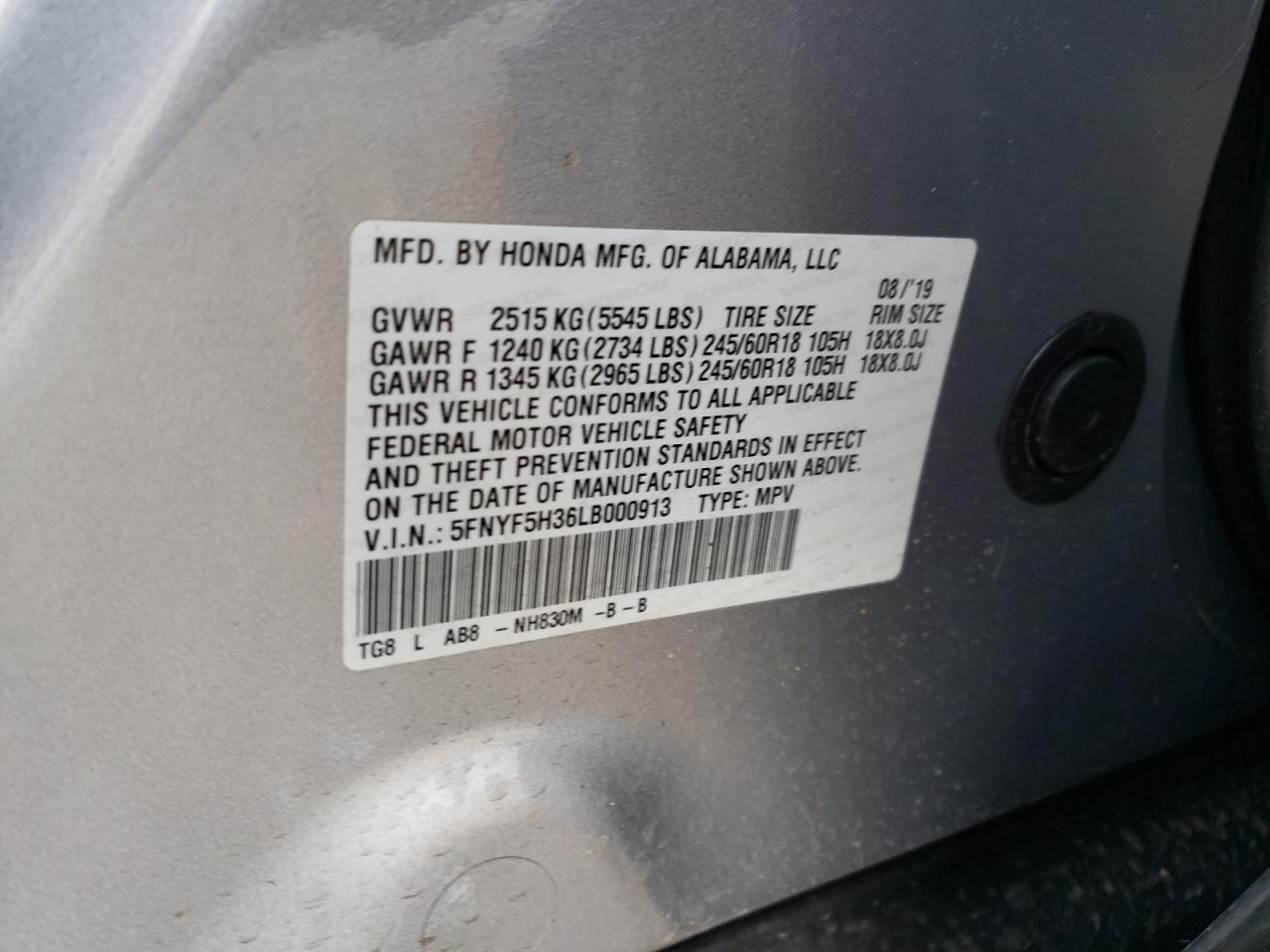 2020 Honda Pilot VIN 5FNYF5H36LB000913 Copart auction photo, front end damage thumbnail 14