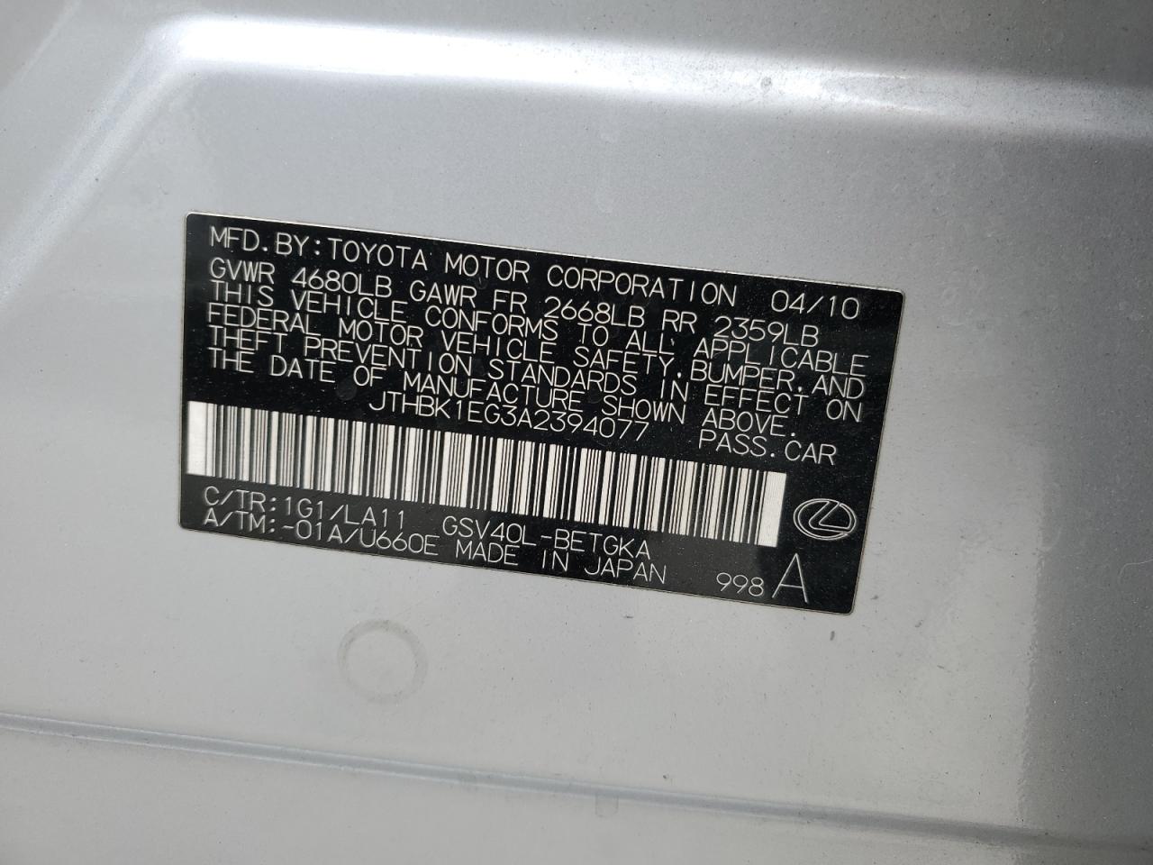 2010 Lexus ES VIN JTHBK1EG3A2394077 Copart auction photo, front end / side damage thumbnail 13