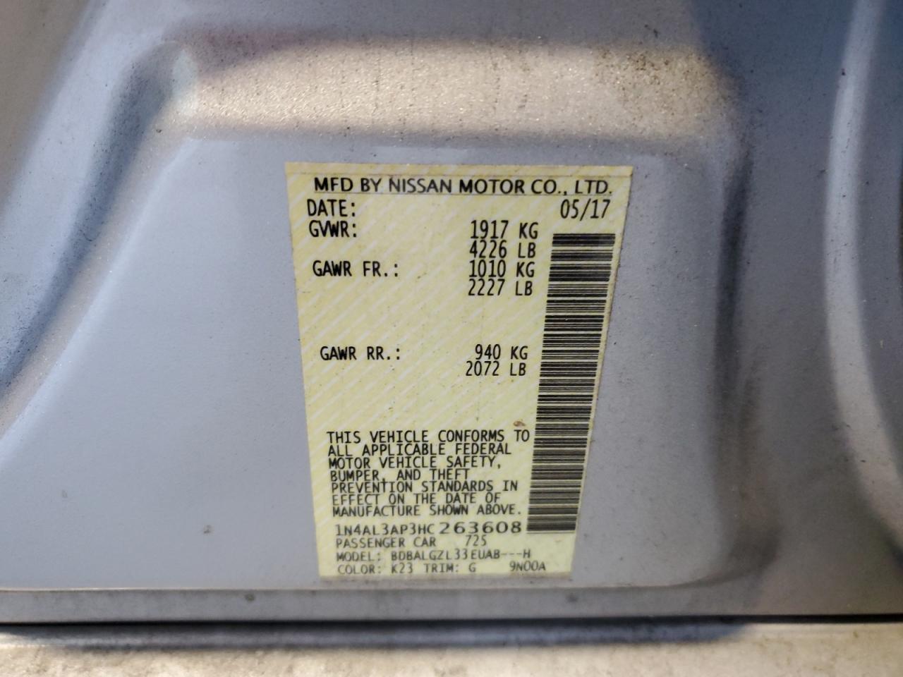 2017 Nissan Altima VIN 1N4AL3AP3HC263608 Copart auction photo, rear end damage thumbnail 12