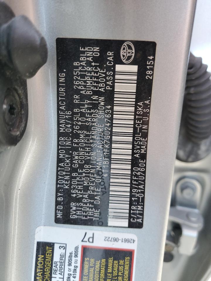 2016 Toyota Camry VIN 4T1BF1FK7GU247634 Copart auction photo, side / front end damage thumbnail 13