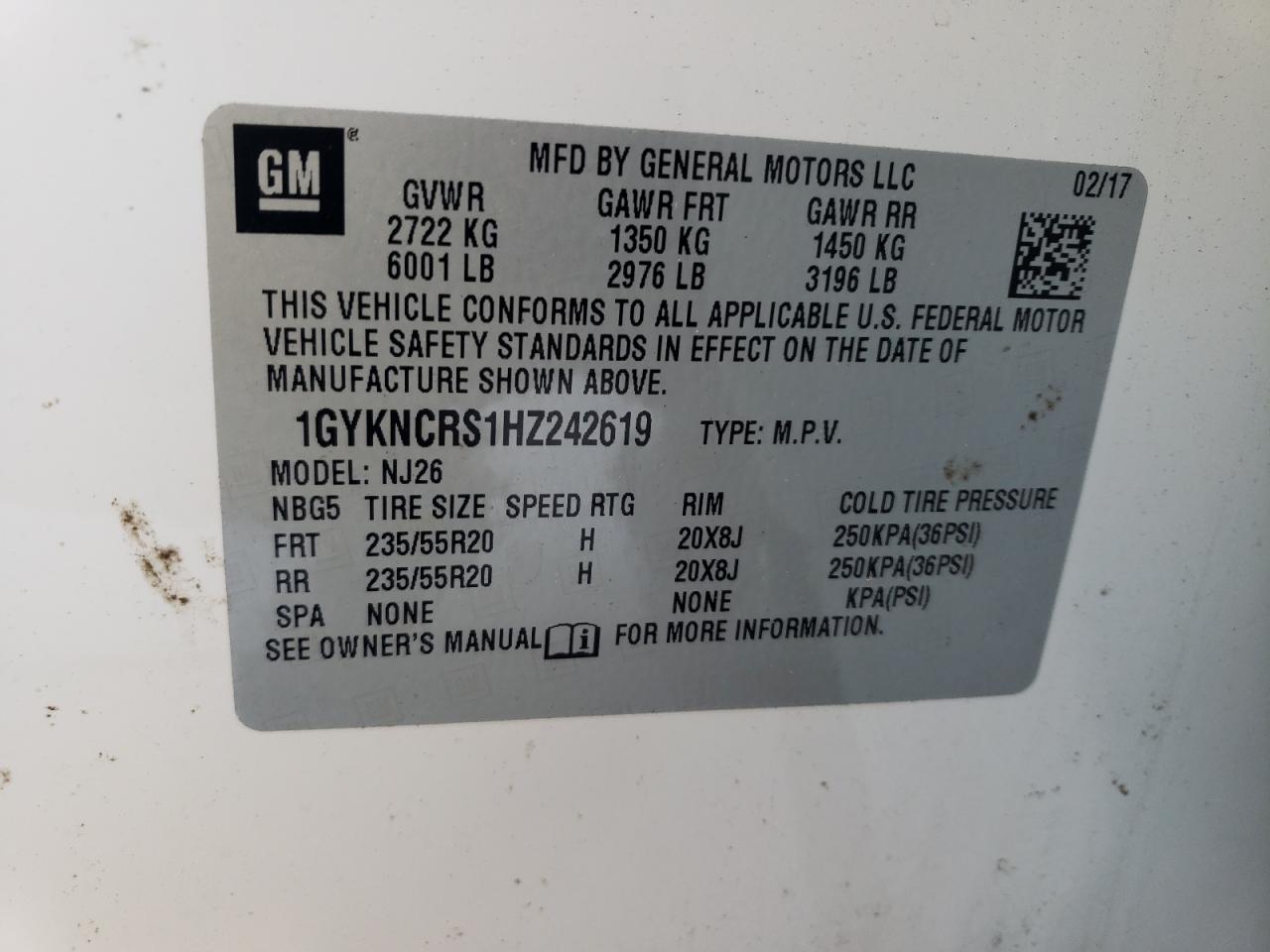 2017 Cadillac XT5 VIN 1GYKNCRS1HZ242619 Copart auction photo, front end damage thumbnail 14