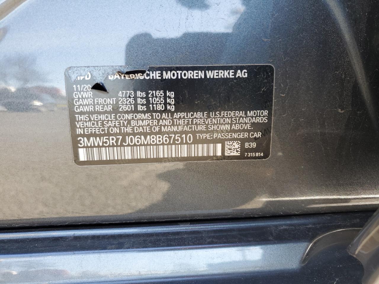 2021 BMW 3er VIN 3MW5R7J06M8B67510 Copart auction photo, front end / minor dent/scratches damage thumbnail 14