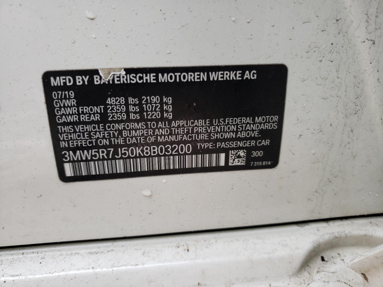2019 BMW 3er VIN V1N3MW5R7J50K8B03 Copart auction photo, front end / side damage thumbnail 12