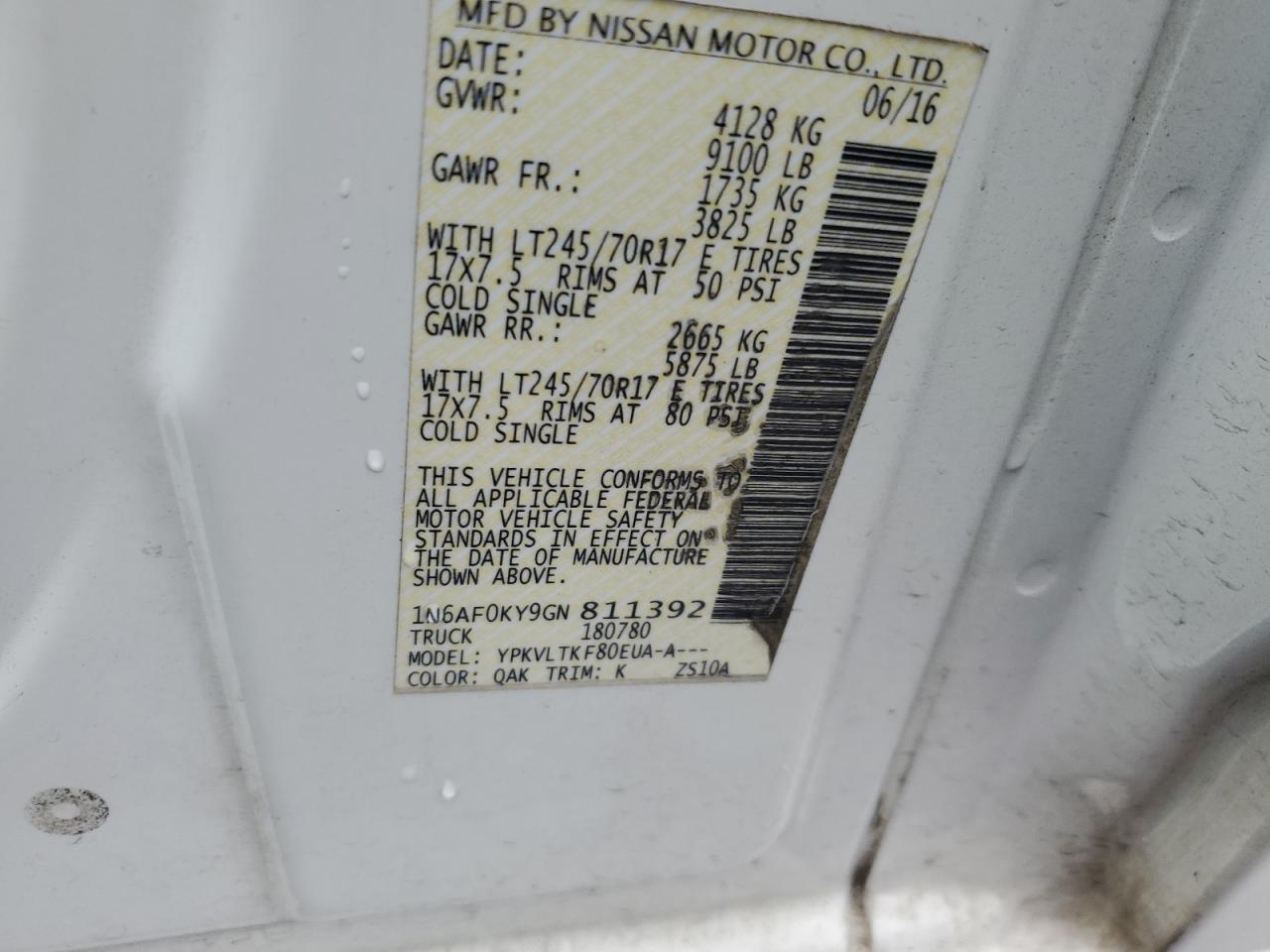 2016 Nissan NV VIN 1N6AF0KY9GN811392 Copart auction photo, vandalism damage thumbnail 12