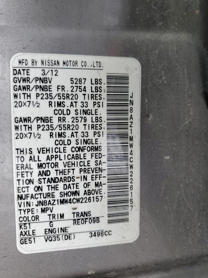 2012 Nissan Murano VIN JN8AZ1MW4CW226157 Copart auction photo, side damage thumbnail 15