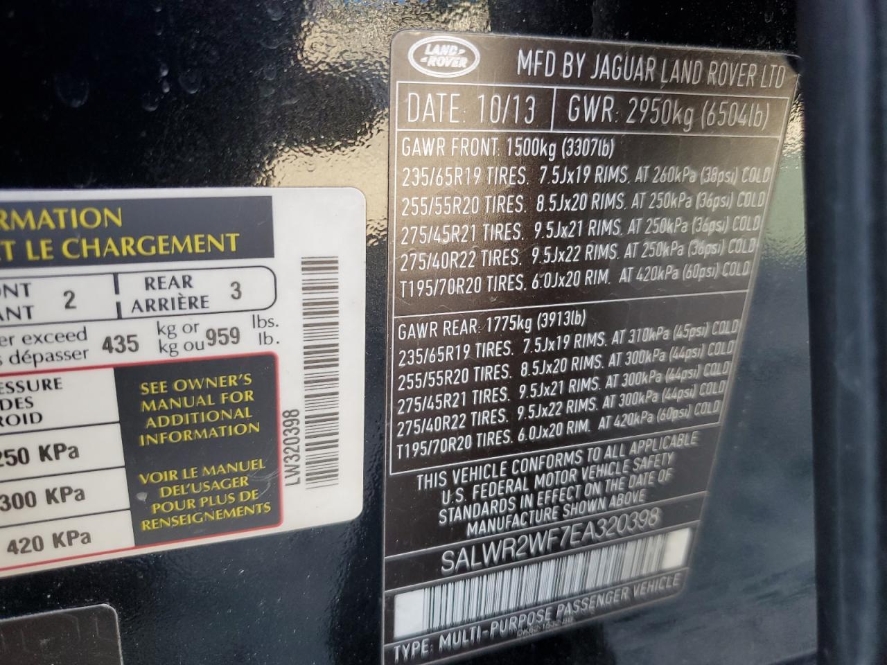 2014 Land Rover Range Rover VIN SALWR2WF7EA320398 Copart auction photo, front end damage thumbnail 13