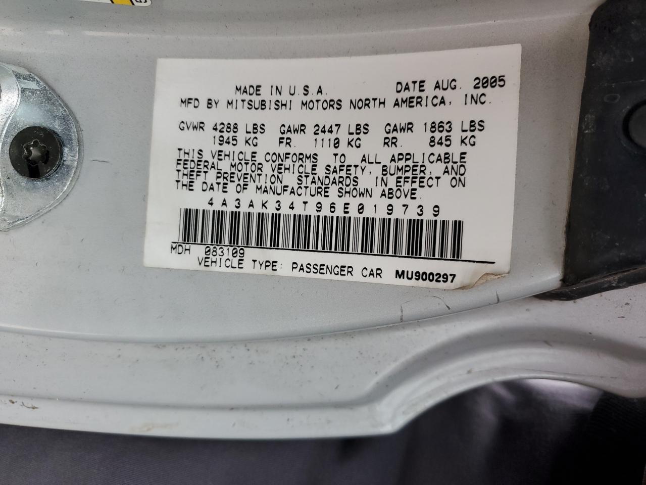 2006 Mitsubishi Eclipse VIN 4A3AK34T96E019739 Copart auction photo, side damage thumbnail 12