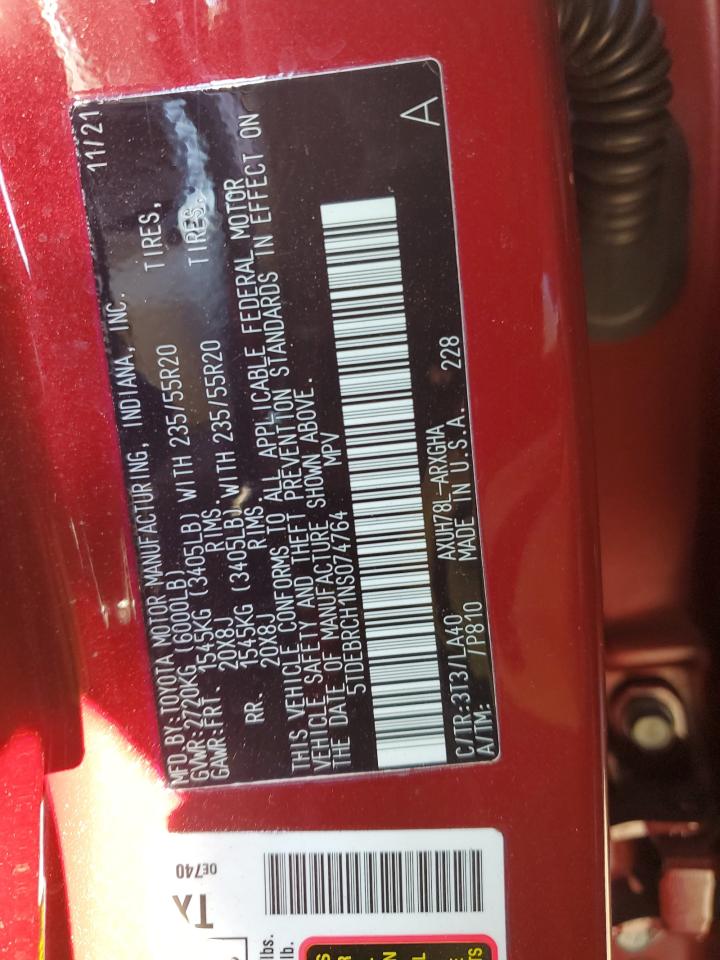 2022 Toyota Highlander VIN 5TDEBRCH1NS074764 Copart auction photo, front end / minor dent/scratches damage thumbnail 13