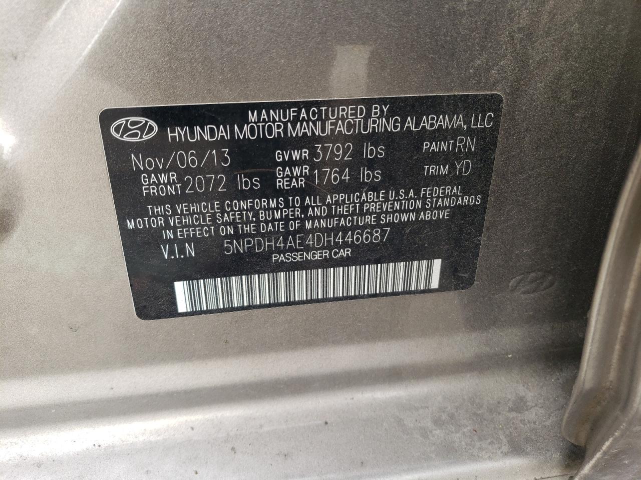 2013 Hyundai Elantra VIN 5NPDH4AE4DH446687 Copart auction photo, front end / minor dent/scratches damage thumbnail 12