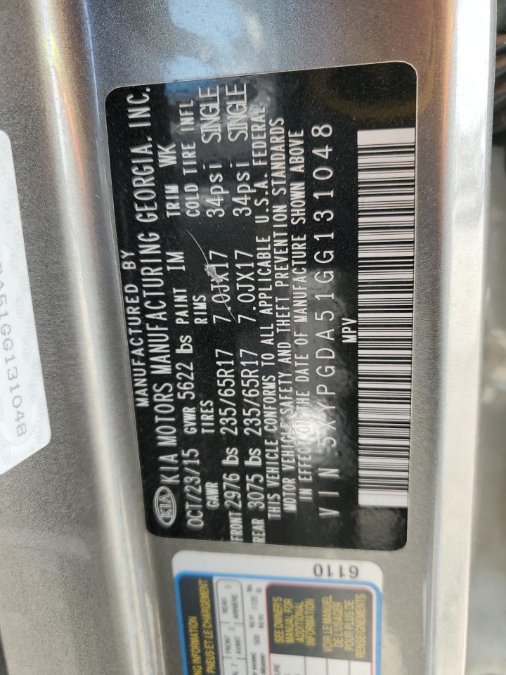 2016 KIA Sorento VIN 5XYPGDA51GG131048 Copart auction photo, front end damage thumbnail 15