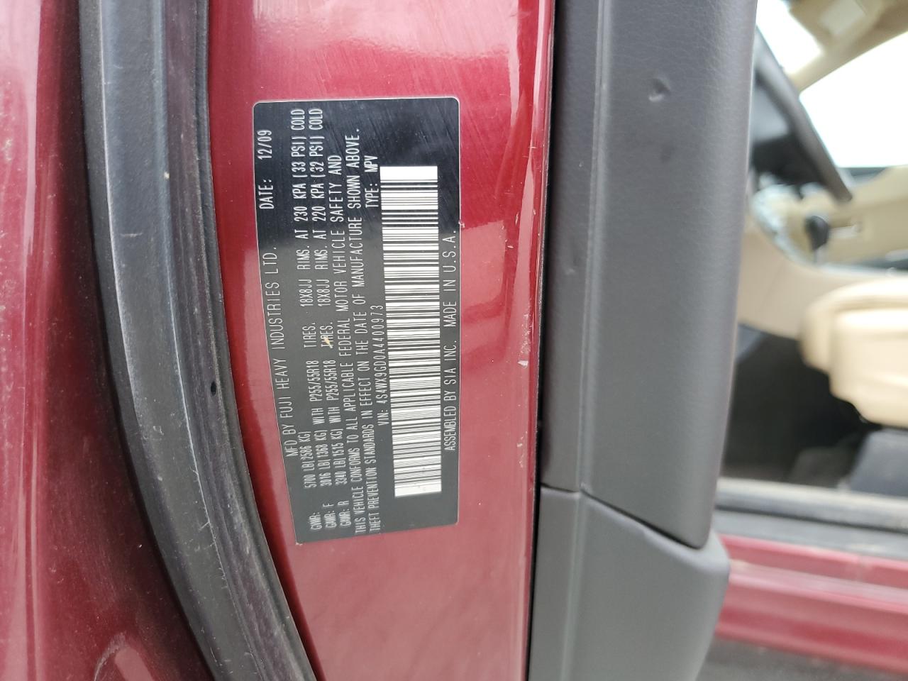 2010 Subaru Tribeca VIN 4S4WX9GD0A4400973 Copart auction photo, mechanical / front end damage thumbnail 13