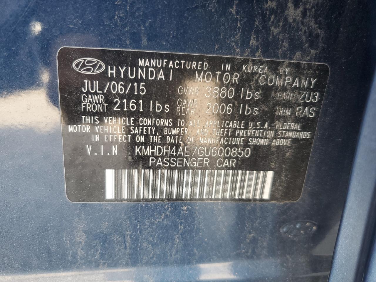 2016 Hyundai Elantra VIN KMHDH4AE7GU600850 Copart auction photo, rear end / front end damage thumbnail 13