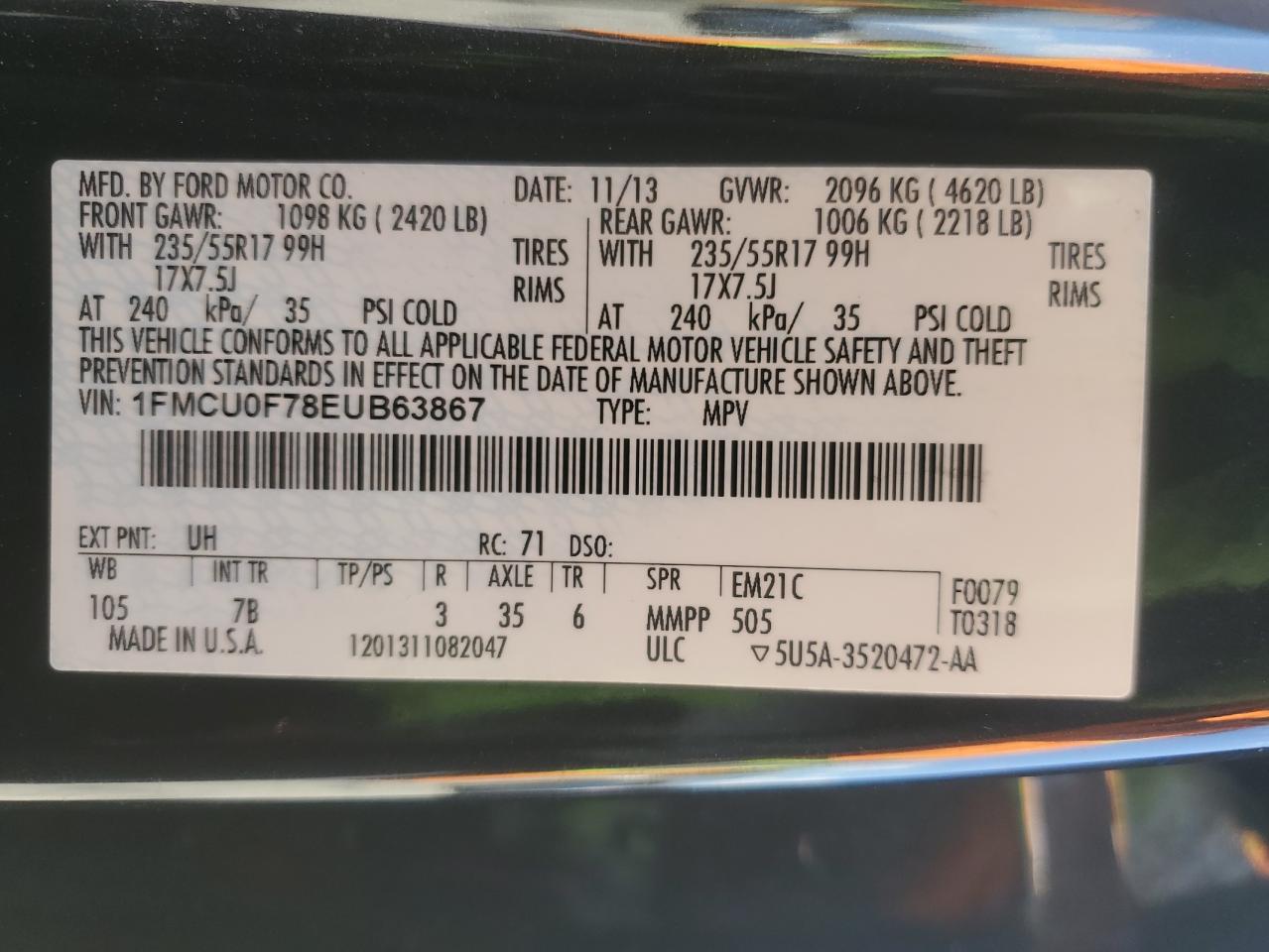 2014 Ford Escape VIN 1FMCU0F78EUB63867 Copart auction photo, side damage thumbnail 14