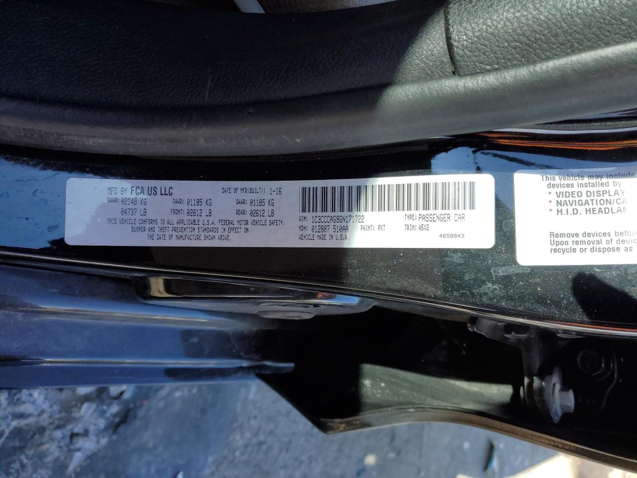 2016 Chrysler 200 VIN 1C3CCCAG9GN171722 Copart auction photo, all over damage thumbnail 14