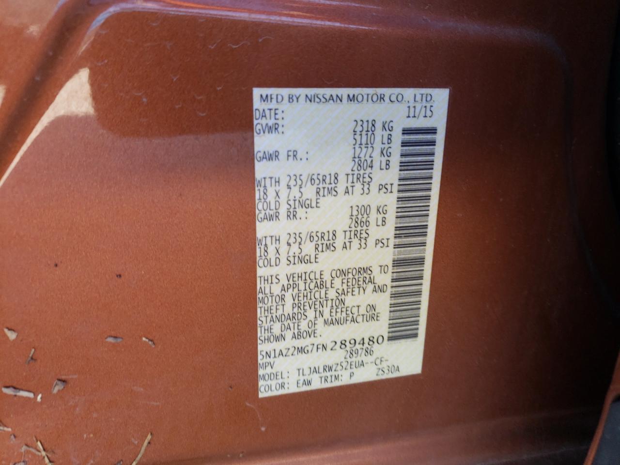 2015 Nissan Murano VIN 5N1AZ2MG7FN289480 Copart auction photo, water/flood damage thumbnail 14